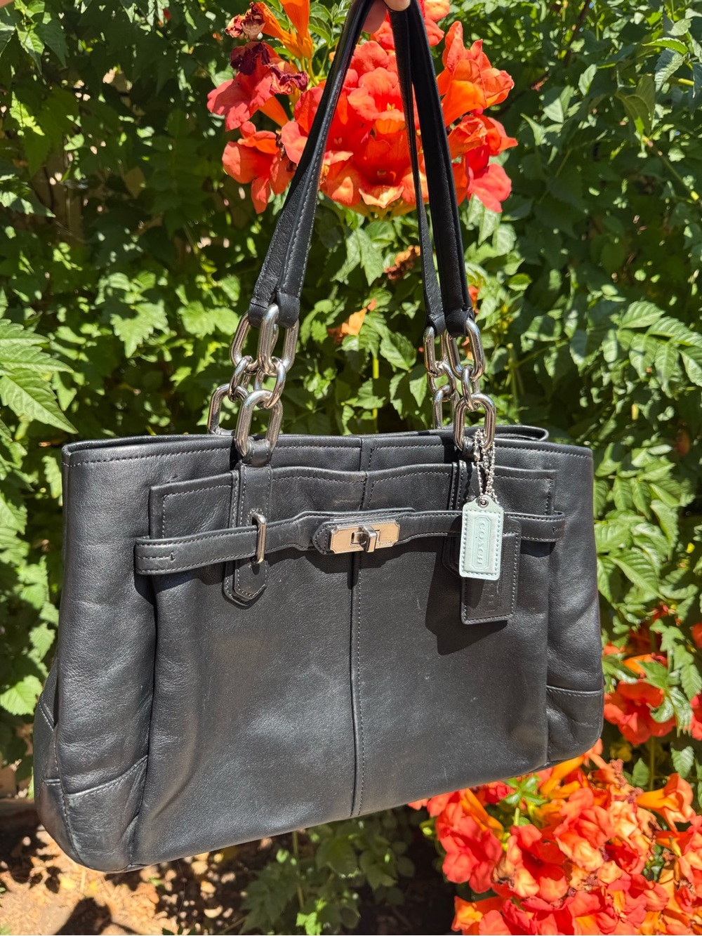 Coach Black Leather Satchel Shoulder Bag with Silver Hardware